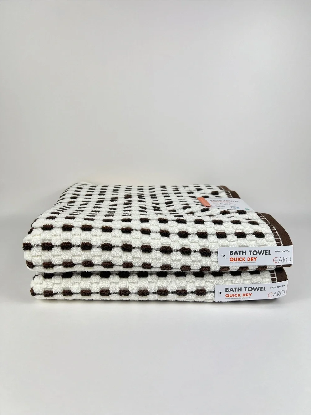 Caro Home Bath Towels White with Brown Check Quick Dry Soft Cotton 2 Pc Set NEW